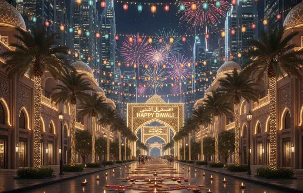 Grand night-time view of a Diwali celebration in the Middle East, featuring elaborate golden and colored lights, hanging lanterns, and ornate 'Happy Diwali' signage over a richly decorated street.