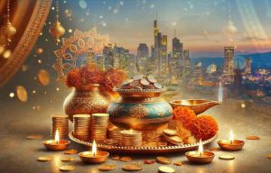 A bustling street market with colorful rangoli designs made from turmeric and rice flour, illuminated by eco-friendly LED diyas. A signboard reads “Dhanteras Sale: 20-30% Off Gold & Silver.