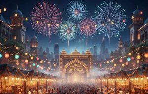 Lively night-time scene of a global Diwali market filled with food, cultural, and shopping stalls, illuminated by numerous strings of festive lights, colorful lanterns, and large, decorative 'Happy Diwali' signage, with people browsing the goods.