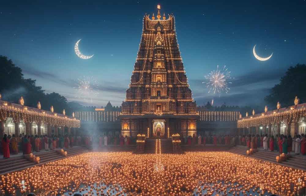 A majestic, brightly illuminated ancient Shiva temple at night during Karthika Masam, featuring a towering Gopuram, intricate carvings, and the main shrine surrounded by numerous glowing deepams (oil lamps) and devotees engaged in prayer.