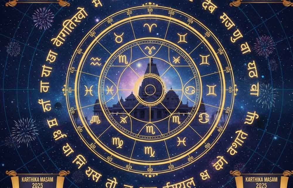 An astrological chart for Karthika Masam 2025, featuring a circular zodiac wheel with celestial symbols, a central temple motif, glowing script, fireworks, and scrolls displaying 'Karthika Masam 2025 Horoscope' against a starry, deep blue background.