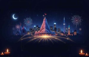 A detailed, conceptual calendar and guide for Karthika Masam 2025, overlaid on a backdrop featuring Hindu temple architecture and Canadian city skylines, with multiple clock faces or time zones clearly marked for Hindu devotees across Canada.