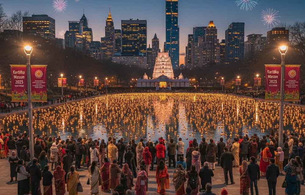A scenic night view of a Karthika Masam celebration for USA Hindus, showing a large crowd gathered by a body of water filled with thousands of floating lamps, with a Hindu temple and a modern cityscape in the background under fireworks.