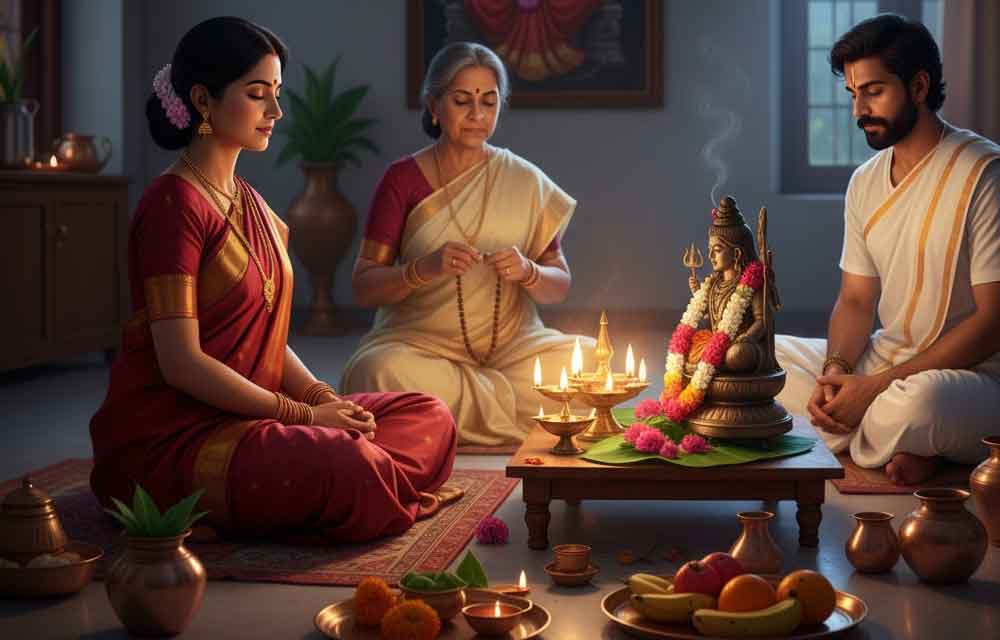 An ornate, framed chart detailing the 'Karthika Masam 2025: Complete Daily Vratham & Deepam,' listing daily observances and lamp lighting rituals, set against a background of a temple pond filled with numerous floating oil lamps and a traditional Hindu temple.