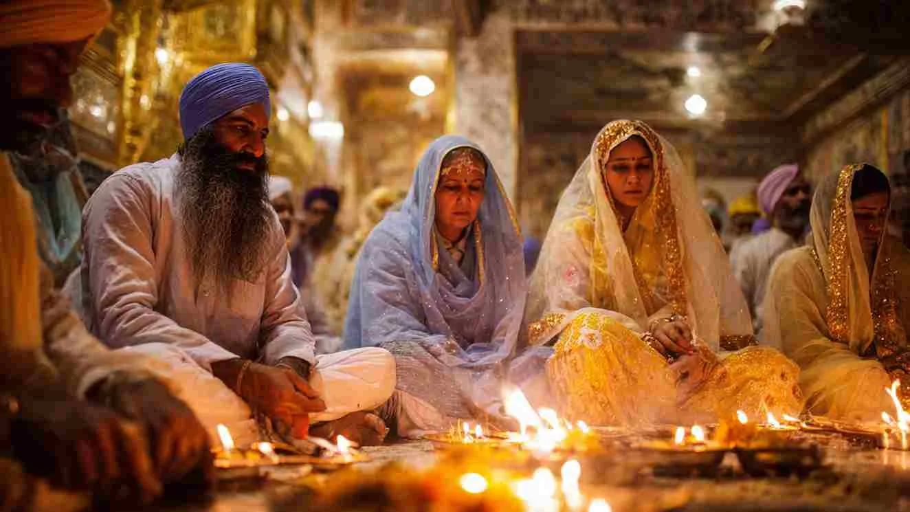 A Sikh family seated in prayer, lighting rows of diyas for Bandi Chhor Divas