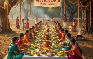 Group reciting Purana Parayanam under an amla tree for Vana Bhojanalu 2025, with lamps and forest greenery