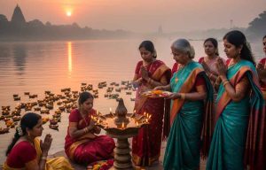 A group of women in colorful sarees lighting earthen diyas with sesame oil in a temple courtyard during Karthika Masam, surrounded by marigold garlands and a Shiva Lingam in the background. (Purpose: Highlights the ritual of Deepa Daanam, a key practice for women, with cultural and spiritual elements.)