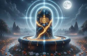 vibrant illustration of a Jyotirlinga (pillar of light) representing Lord Shiva on the night of Karthika Pournami. The Shiva Lingam glows with electric blue and gold light, surrounded by concentric energy rings, and is placed in a pool of water filled with dozens of floating oil lamps (deepams). In the background, under a starry night and a full moon, two traditional Hindu temples are visible, emphasizing the 'Night of Infinite Light' and the victory of divine light over darkness