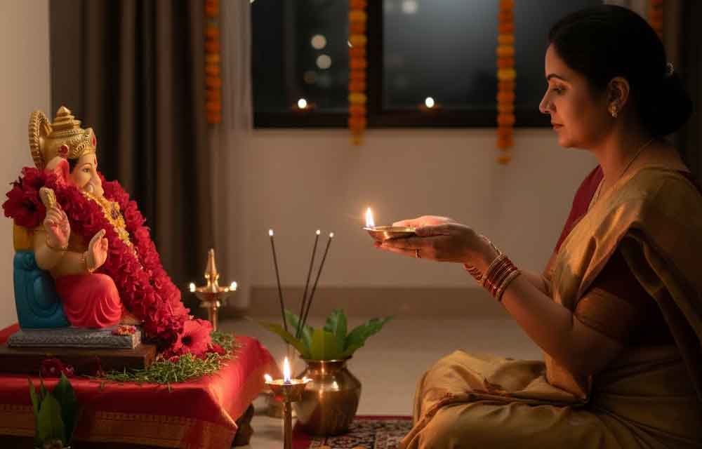 A woman dressed in a traditional saree sits on the floor, facing a small, decorated altar. She is performing aarti (worship) by holding a lit diya (oil lamp) in both hands.