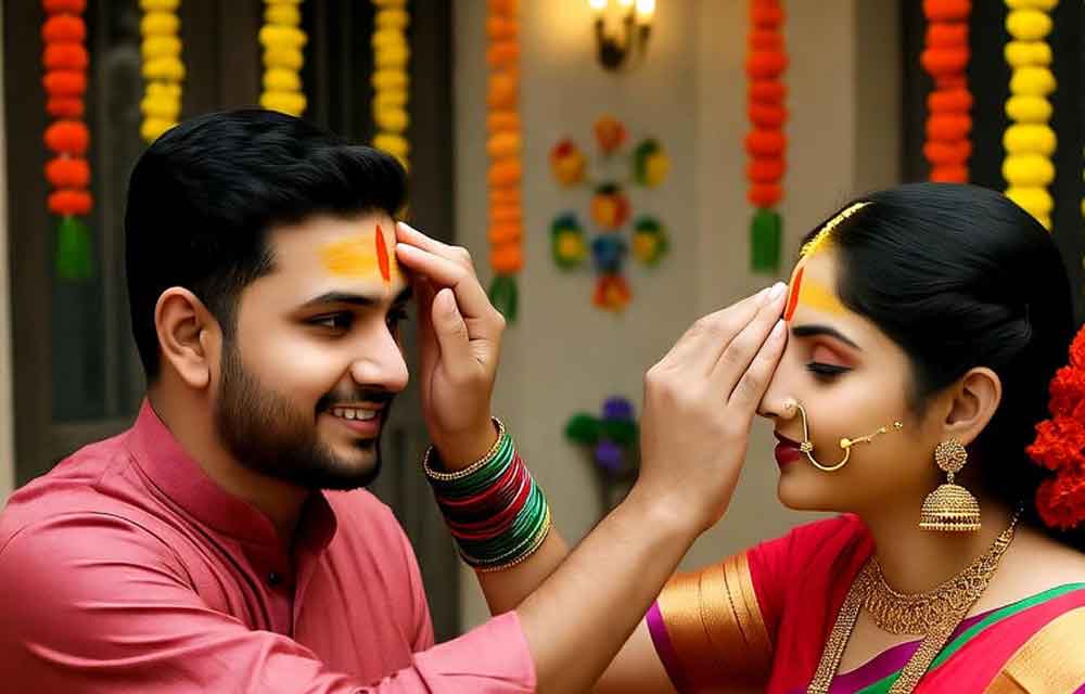 Sister feeding kheer to brother in Bhai Dooj ritual with Yamuna-Yama divine backdrop, garlands, and festive prasad