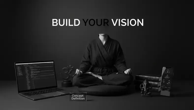 Hindu practitioner in meditation pose surrounded by traditional spiritual symbols and sacred texts