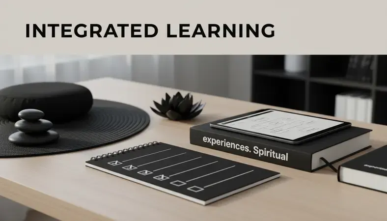 Peaceful scene showing integration of study and practice with books, meditation space, and spiritual symbols