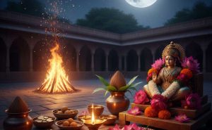 Alt Text: Full Moon of Phalguna Purnima with night sky and moonrise illustration