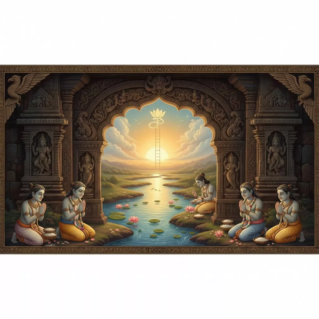 create a banner image on Garuda Purana Quote: “Satisfied Pitris Grant Long Life, Fame, Heaven & Moksha”,no need of text in the image